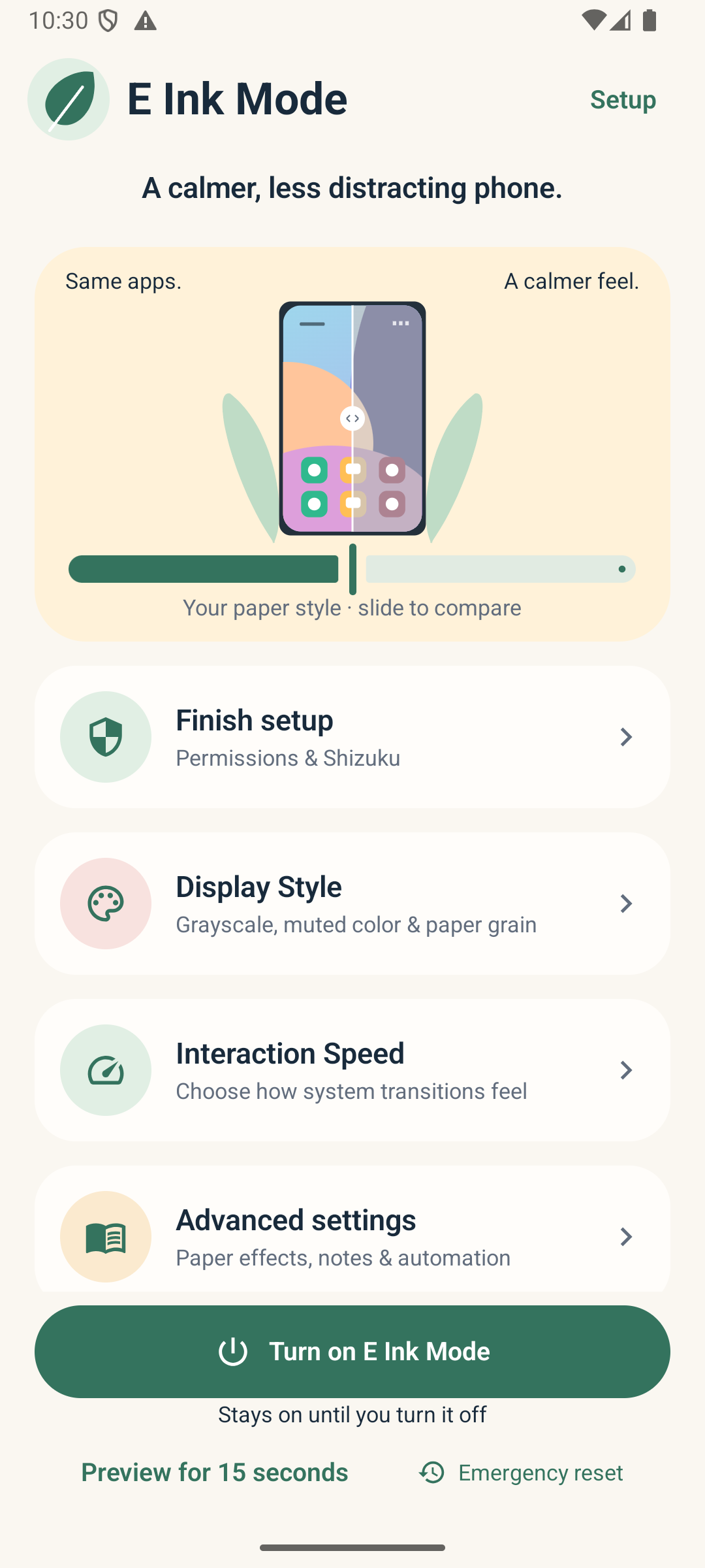 E Ink Mode app home with Display Style, Interaction Speed and Advanced settings